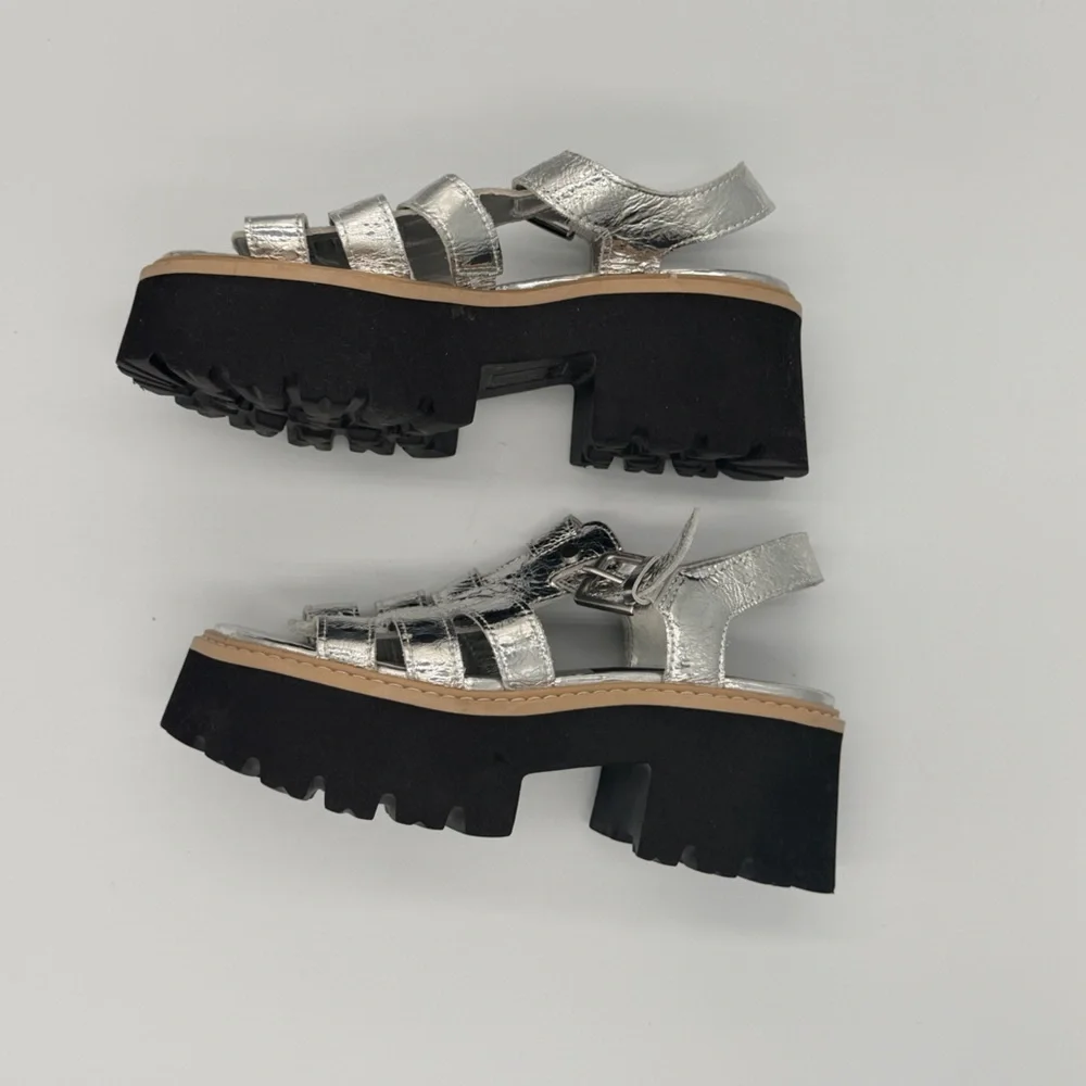 Dolce Vita Silver Metallic Fisherman Black Chunky Heel Platform Boho Sandal 7